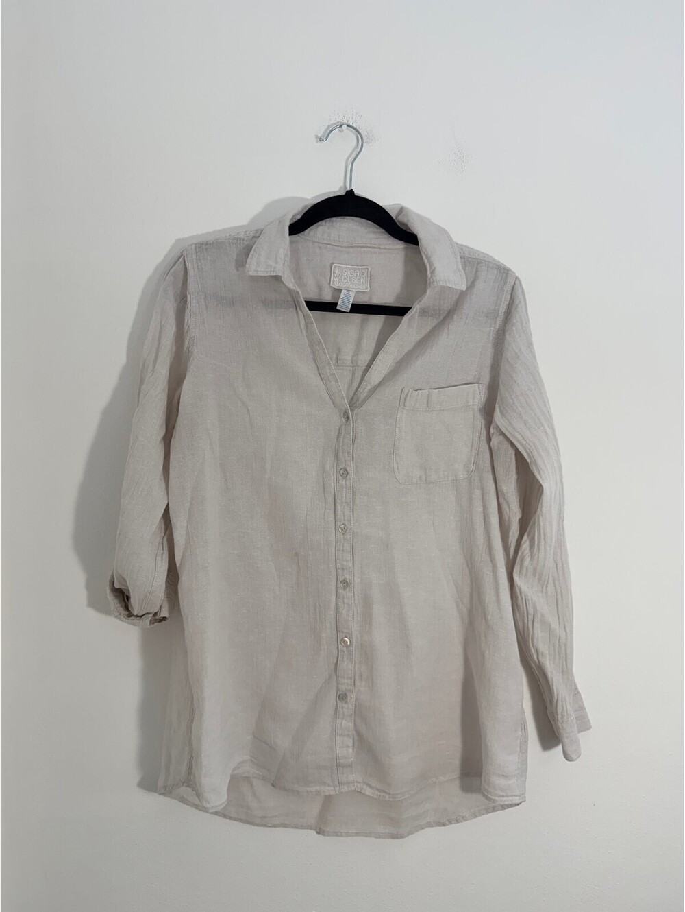 Sigrid Olsen 100% Linen Button Front Shirt Women's M Beige Roll Tab Long Sleeve - Picture 2 of 7